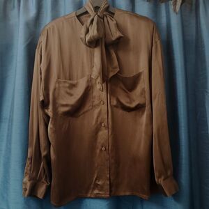 Vintage Dana Buchman Brown 100% Silk Tunic w/Bow Sz 14 Dark Academia/Corporate